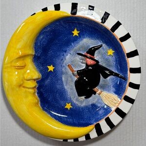 Rare 3D Halloween Serving Platter Crescent Moon Witch on Broom Round Approx. 13"